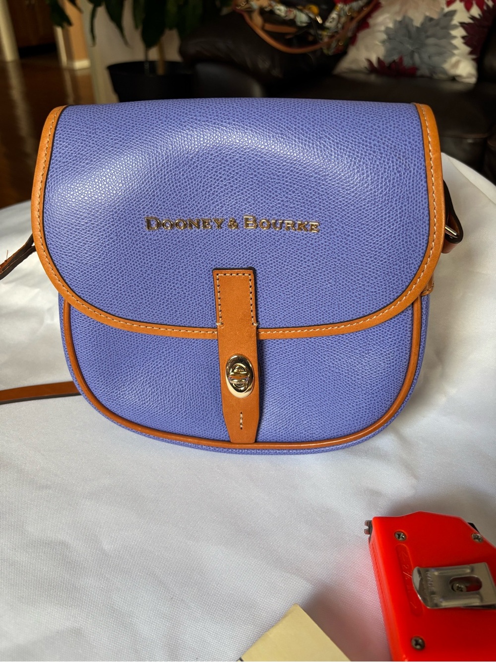 Dooney & Bourke Blue Pebble Leather Crossbody with Tan Trim and Gold Hardware